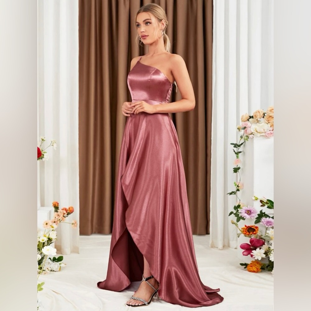 COPY - Satin-look prom bridesmaid dress rose mauve one shoulder